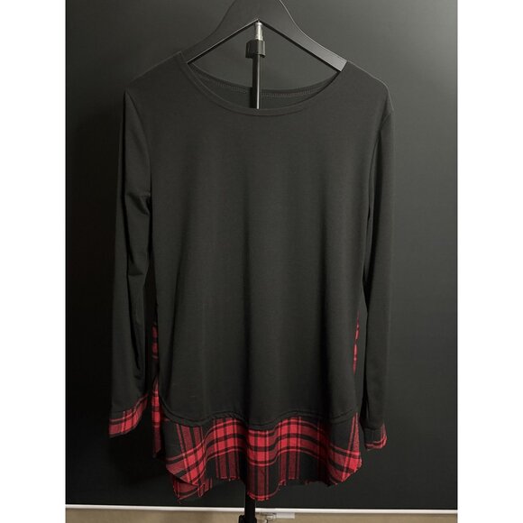 No visible brand Tops - Black Long Sleeve Tunic Top Red Buffalo Plaid Cuff Hemline Round Neckline Large